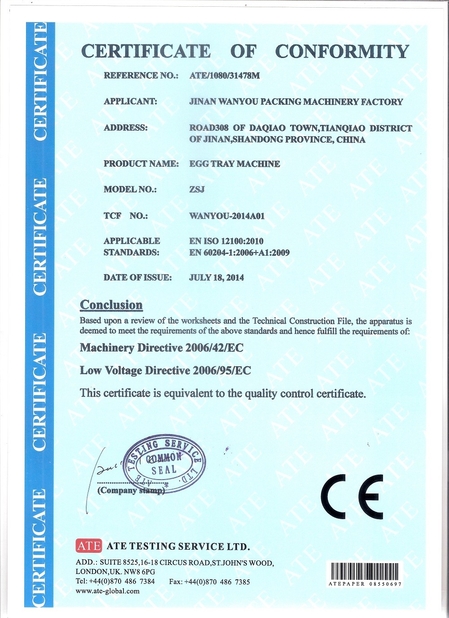 China Jinan Wanyou Packing Machinery Factory Certificaciones